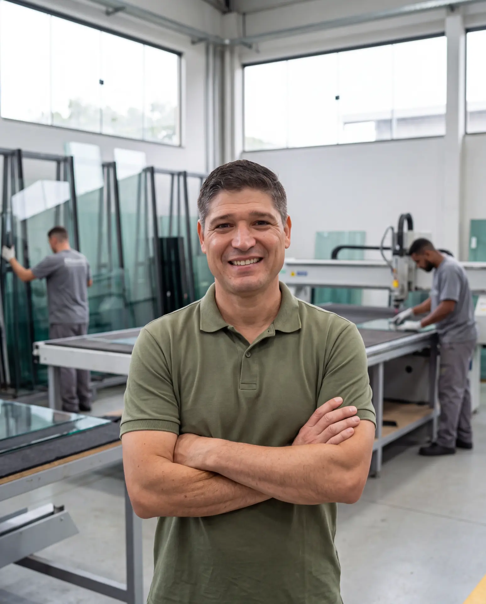 Edu Carlos, responsável pela JL Vidraçaria e Esquadrias, na oficina com a equipe