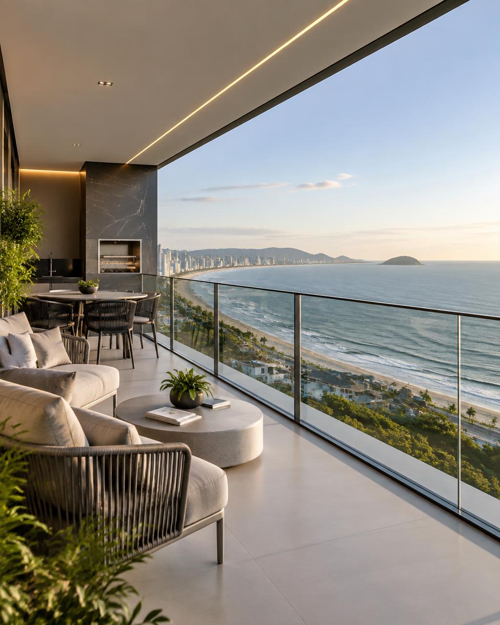 Varanda com guarda-corpo de vidro e vista para o mar em Barra Velha